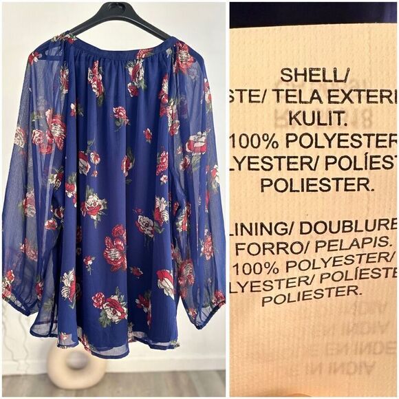 Lucky Brand 2X Womens Plus Size Floral Print Slash Neck Pullover Top, Blue - Picture 7 of 8
